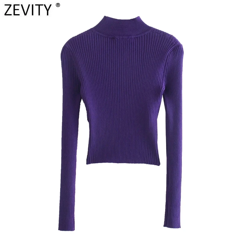 Zevity New Women Sexy Hollow Out Design Green Purple Color Short Knitted Sweater Lady Chic Long Sleeve Pullover Crop Tops SW1076