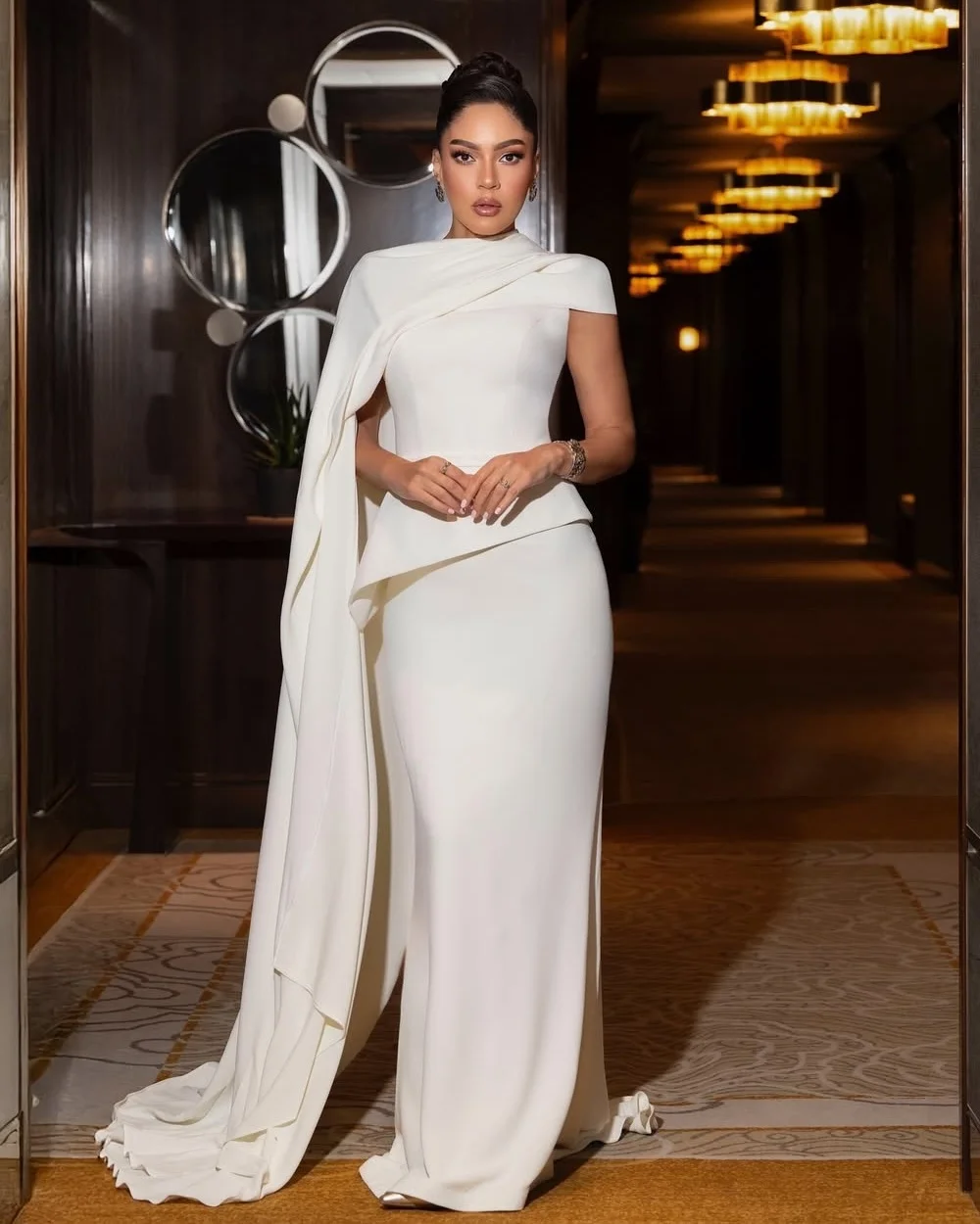 

Customized Beige Sizes Available Jersey Pleat Ruched Mermaid High Collar Floor-Length Evening Dresses Exquisite Casual