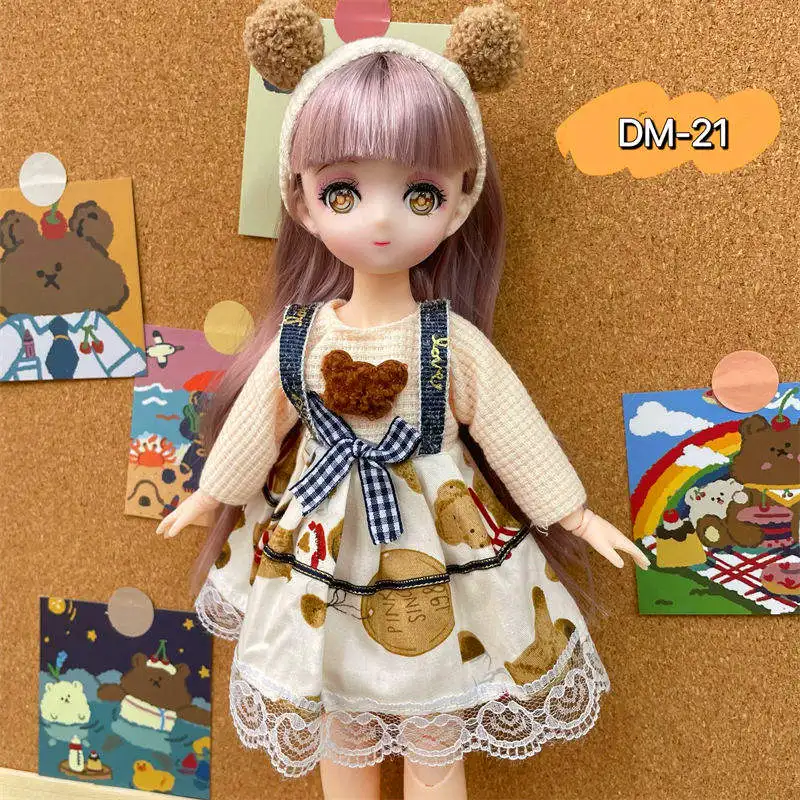 1/6 Bjd Bear Anime Doll with Clothes Suit Green Hair Toys for Girls 28cm Doll Set Dress Up Toy Children Gifts