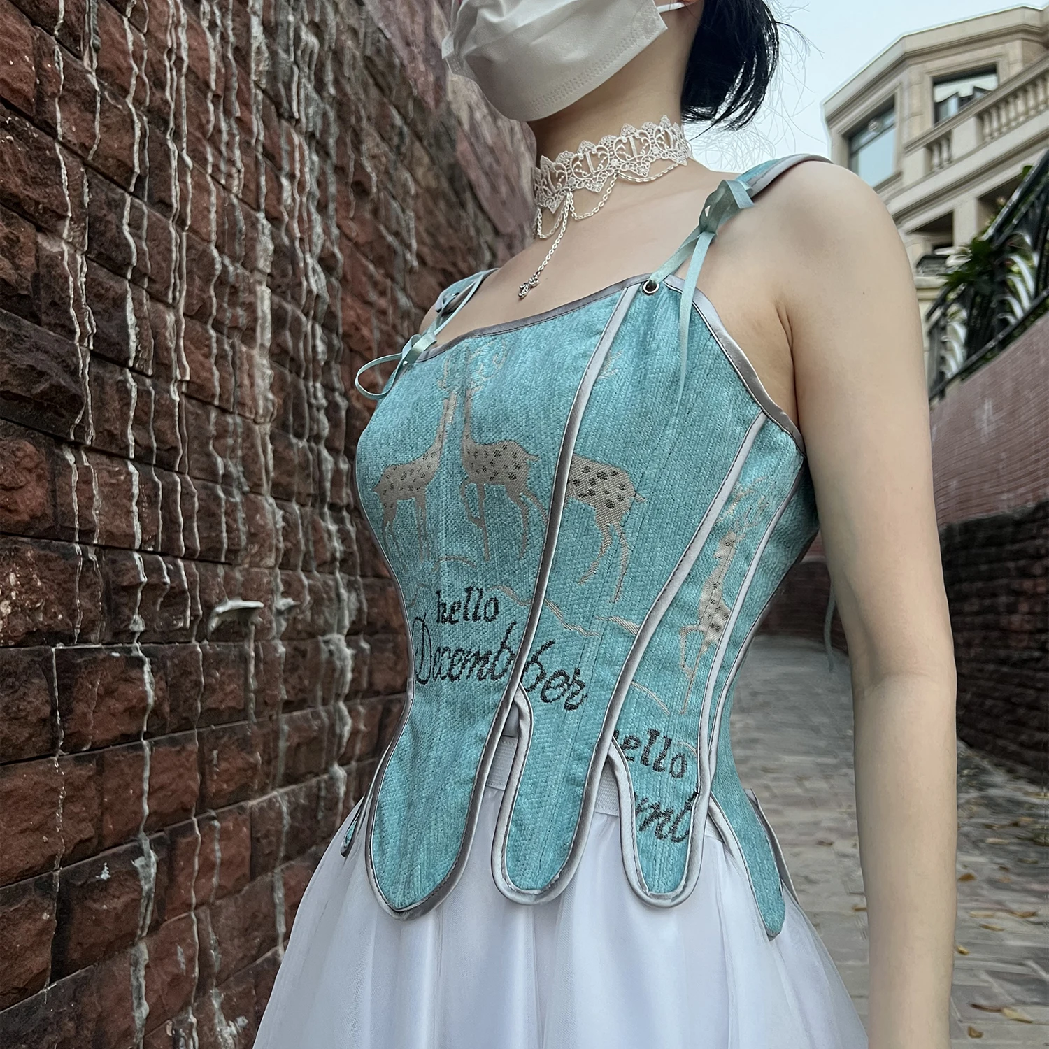 Silver Deer Print Embroidery Overbust Corset Top Cami Streetwear Blue Antique Corset Spring Autumn Winter Corset