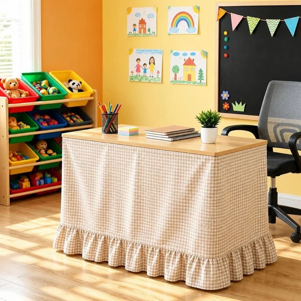 Fresh Ruffled Edge Gingham Table Skirt 72in One-Piece Teacher Desk Skirt Washable Hook and Loop Table Wrap Party