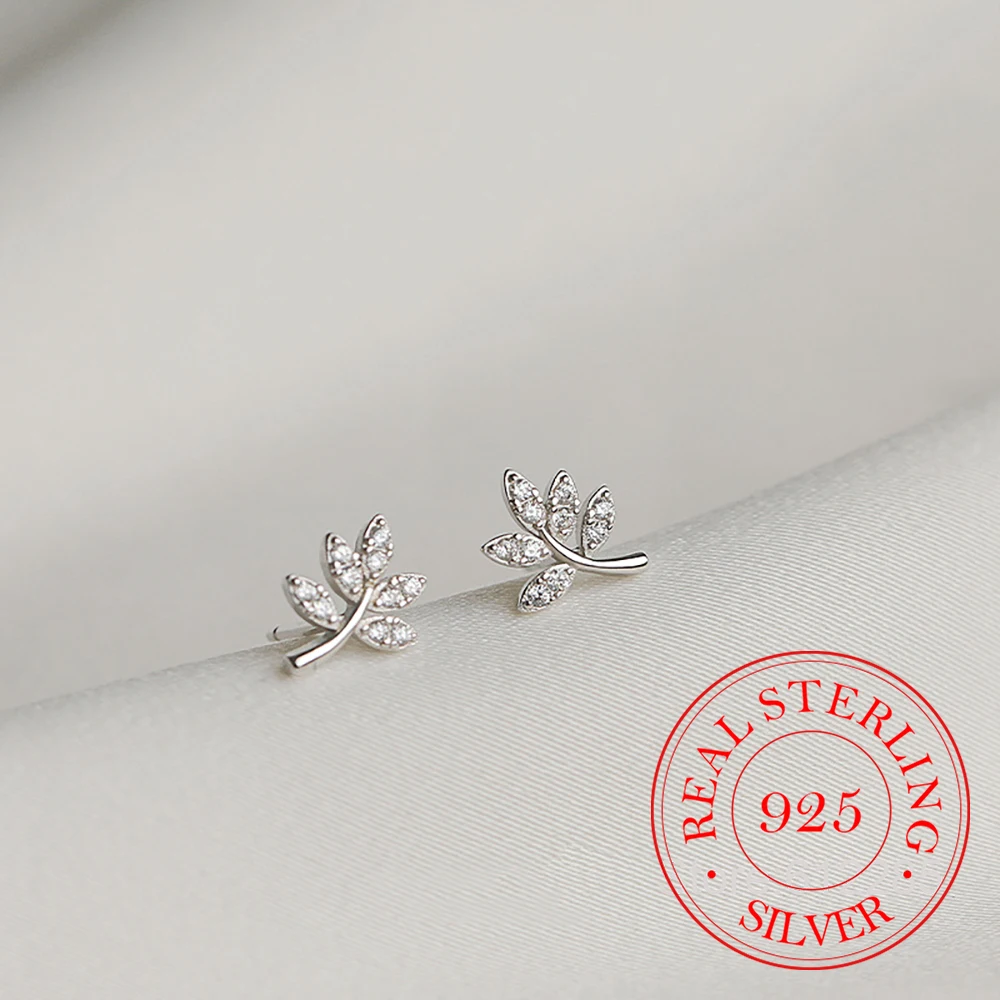 

925 Sterling Silver Jewelry Cute Crystal Leaf Stud Earrings for Women Wedding Party Jewelry For Girls Friend Gift