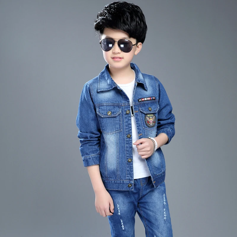 Boy Denim Jacket Children\'s Outerwear Clothing Cardigan 2023 Spring Fall New 4-14 Years Male Kids Patched Casual Coat Overcoat