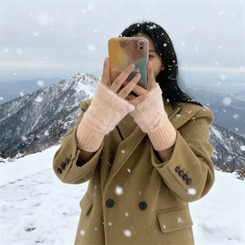 

Autumn Winter Fingerless Gloves for Women, Warmer Solid Color Knitted Half Finger Gloves Fluffy Hand Warm Mittens