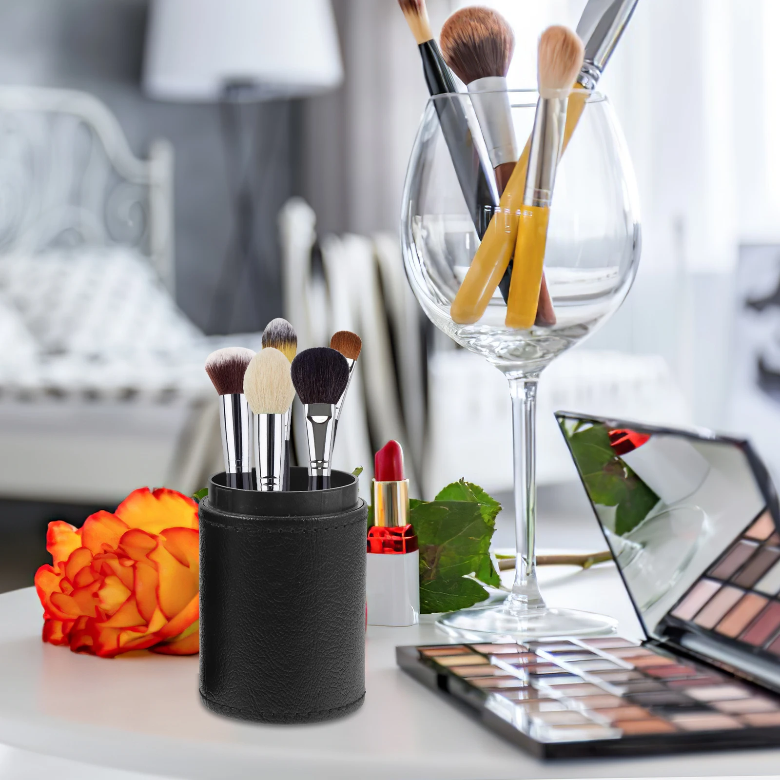 

Makeup Brush Storage Container Holder Desk Organizers Pen Cup Black Pencil Office Craft PU Practical Long Term Storage