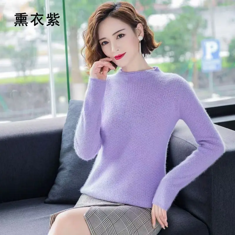 Autumn And Winter Women\'s Openwork Jacquard Mink Cashmere Sweater Round Neck Hemming Joker Knit Bottoming Shirt