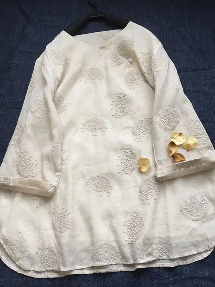 

Chinese Embroidered Loose Fit Breathable Cotton irt Women's Summer Sle Casual round Neline Traditional National Trend