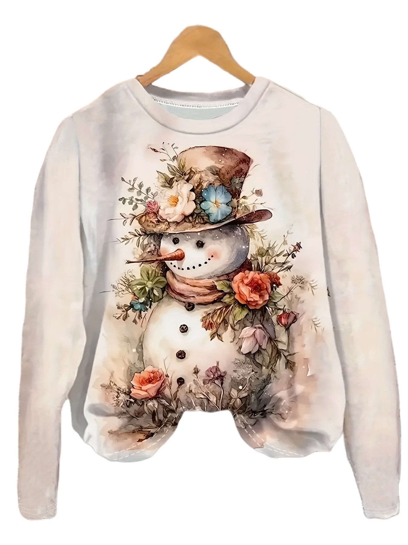 Women's Watercolor Snowman Print Sweatshirt Cream Beige Floral Top Hat Long Sleeve Crew Neck Casual Pullover Winter