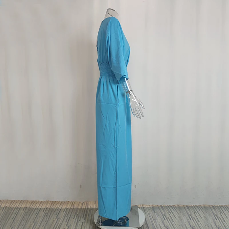 BKLD 2025 여성 루즈핏 점프수트 와이드 레그 팬츠 V넥 박쥐 소매 패션 우아하고 심플한 하이웨이스트 롬퍼 출퇴근 여성 의류