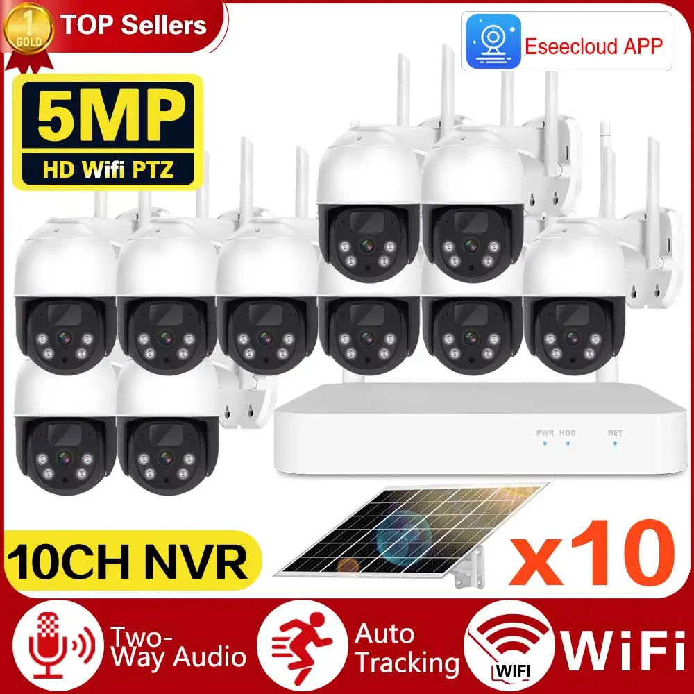 

10Channel 5MP Battery Solar Powered Cctv Camera Kit 10CH Outdoor Wireless Wifi Solar Dual Light Source Security Camera System