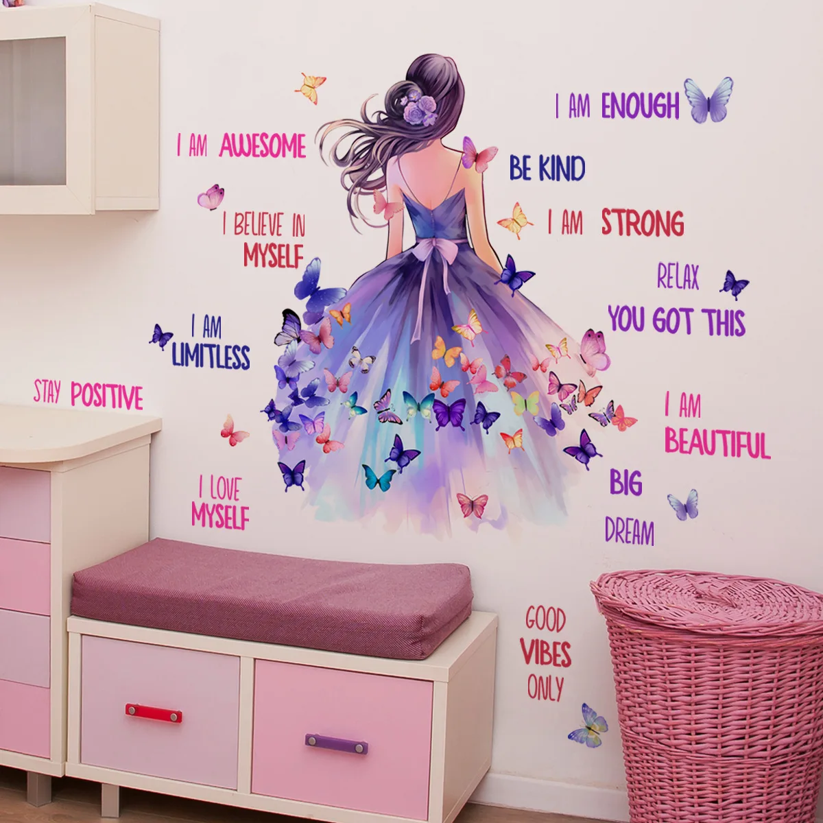 Butterfly Girl Wall Decals Colorful with Motivational Lettering Quotes Wall Stickers for Girls Nursery Bedroom Playroom