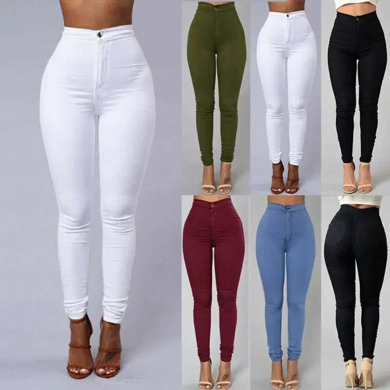 

Women Pants Solid Color High Waist Button Slim Professional Trousers White Black Pants Plus Size Formal Female Pencil Pants