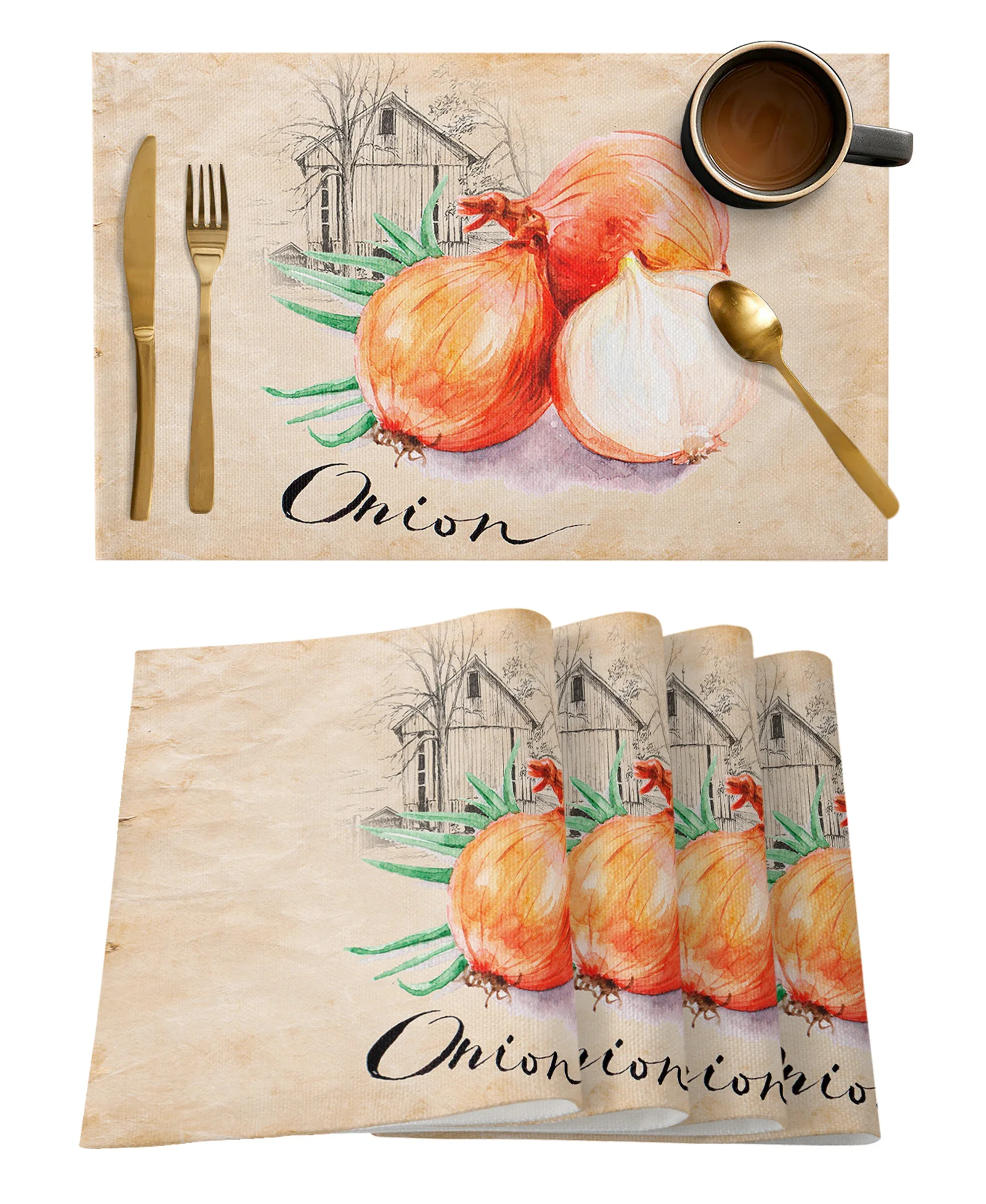 Vintage Kraft Farm Onions Placemat for Dining Table Tableware Mats 4/6pcs Kitchen Dish Mat Pad Counter Top Mat Home Decoration