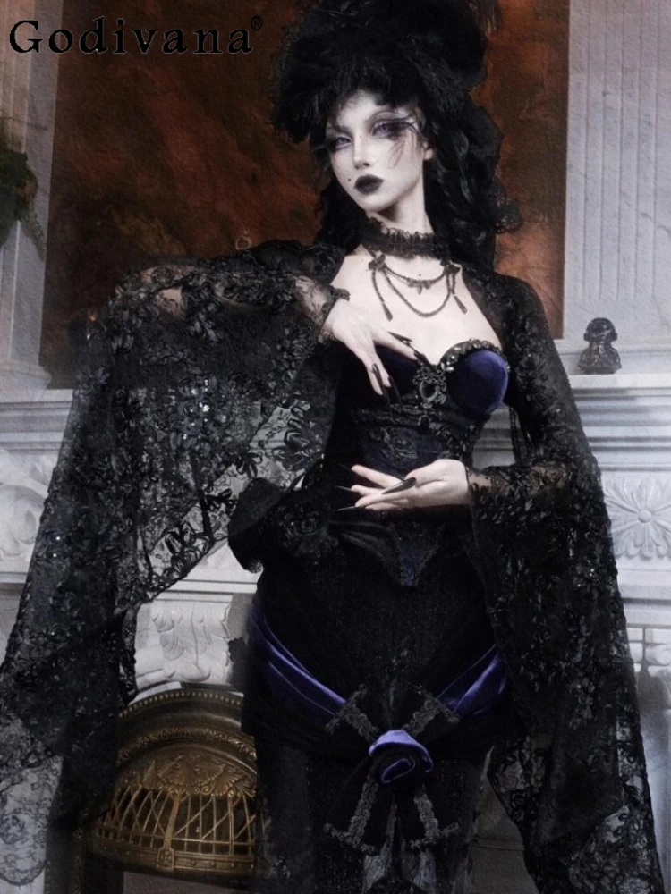 

Original Black Gothic Dark Lace Long Sleeve Jerkin New Women's Beaded Heavy Industry Short Cardigan Jacket Halloween Cos Jackets