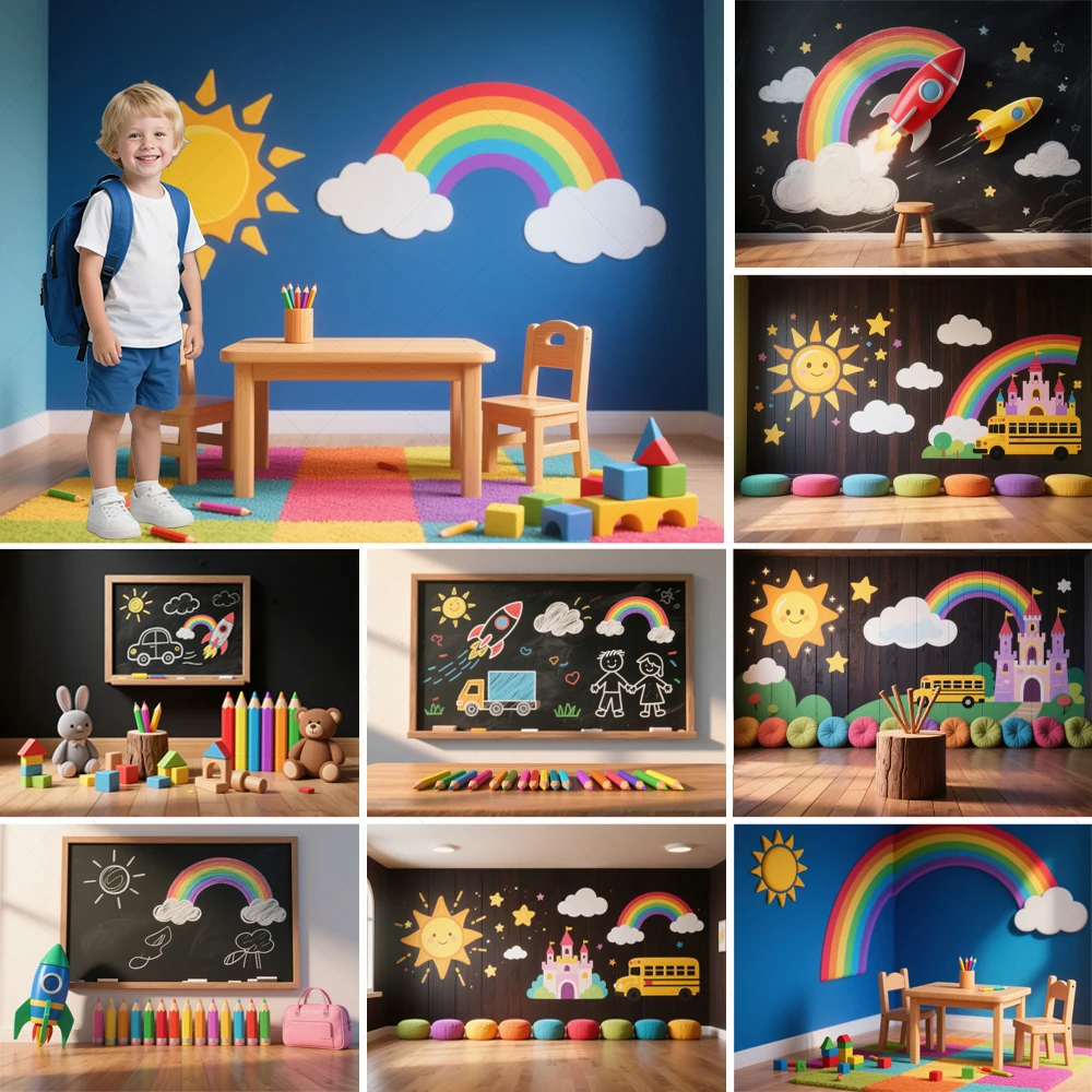 

Back To School Photography Background Blackboard Classroom Rainbow Cloud Pencil Rocket Sun Children Portrait Decor Photo Studio