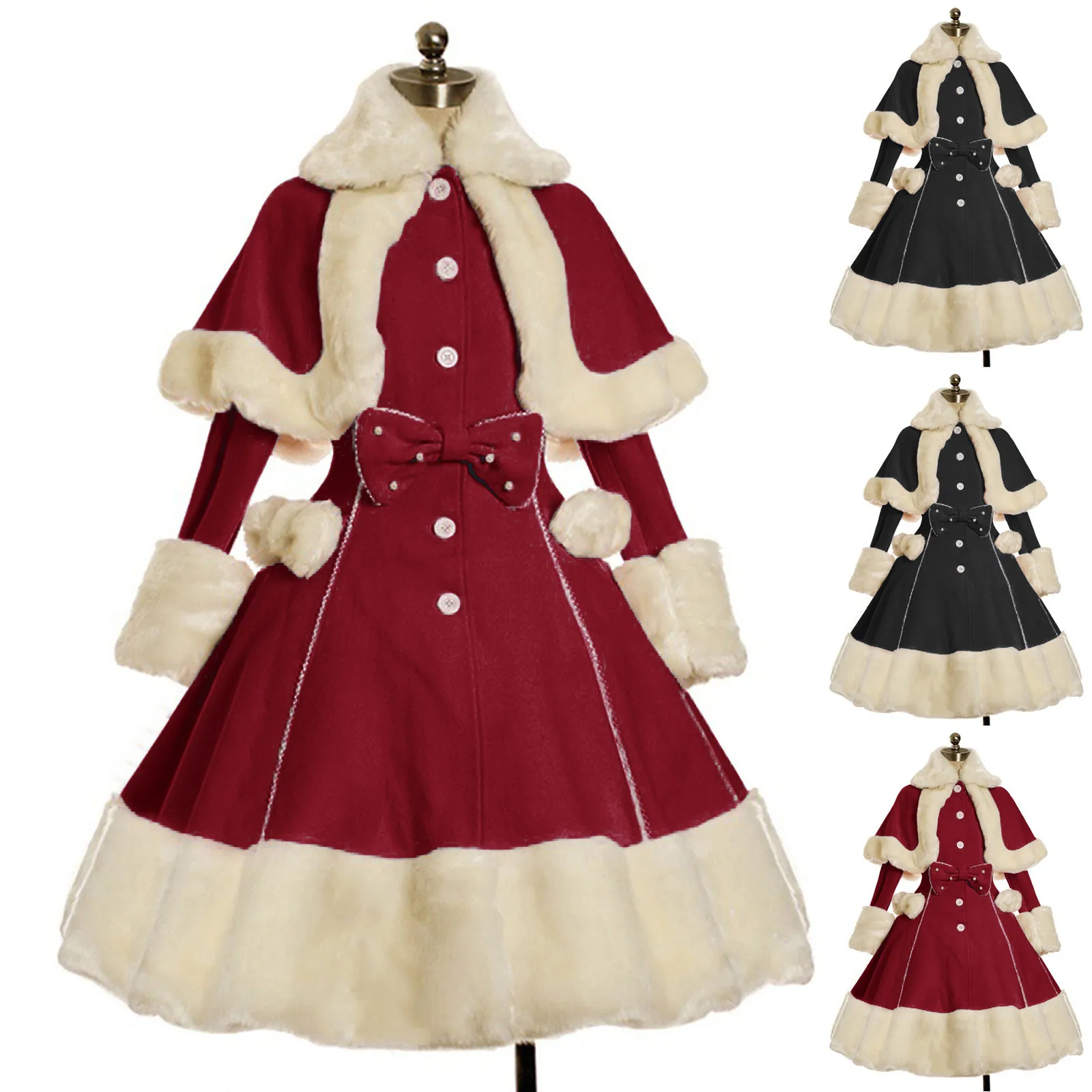 Vintage Gothic Lolita Dress Suit Women Fur Collar Long Sleeves Shawl Cute Single Breasted Winter Warm Thick Bow Dresses Costume