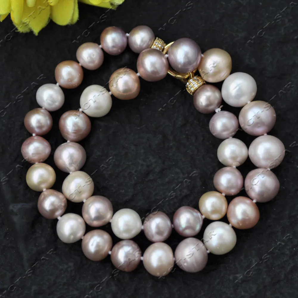 Z14046  17'' round Keshi Edison Pearl Necklace 14mm White Pink Lavender CZ round Keshi Edison Pearl Jewelry view 2