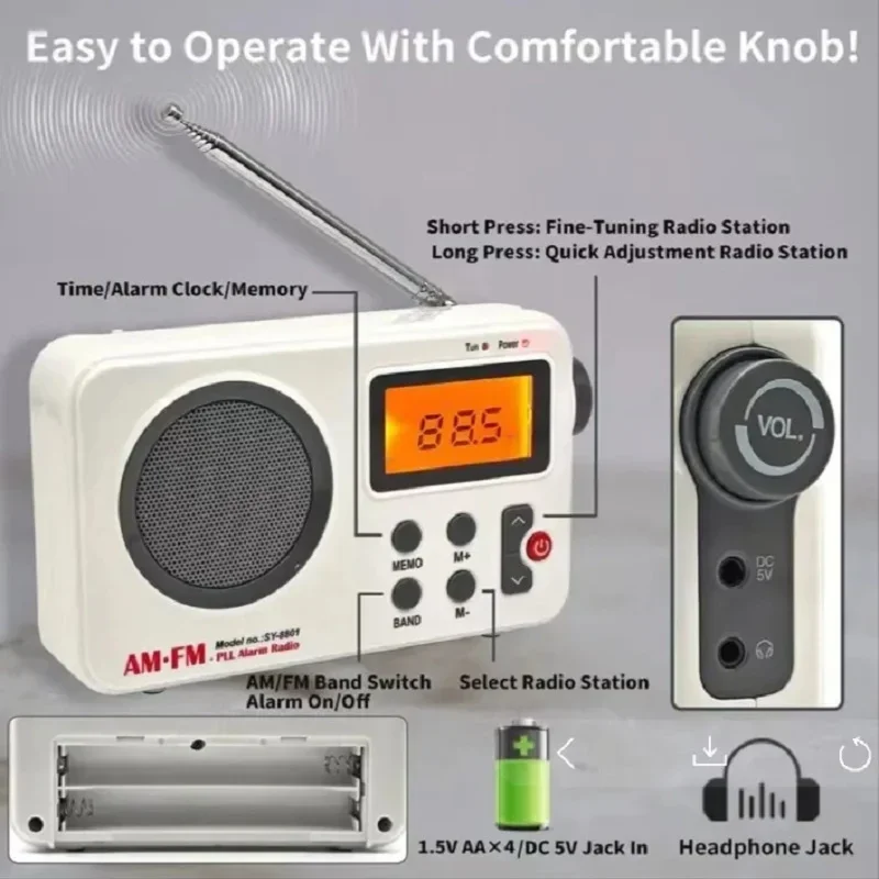 

Портативное радио с питанием от USB-аккумулятора, AM/FM-радиоприемник с разъемом для наушников 3,5 мм, аудиоприемник со стабильным сигналом, радиоприемник с выдвижной антенной