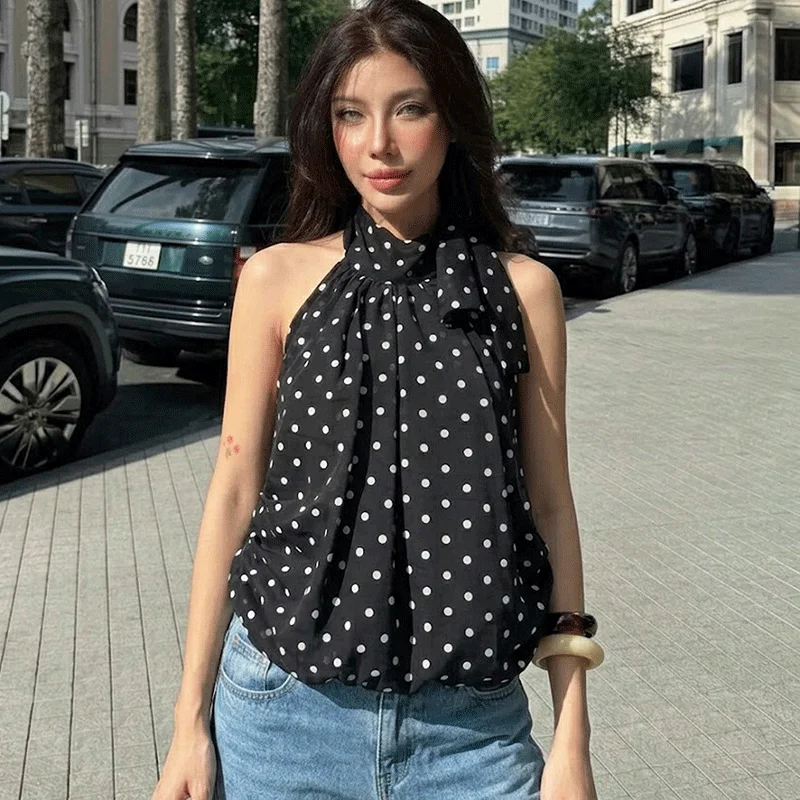 

Ticketsx Polka Dot Camisole Women's Camis Top Summer Sleeveless Backless Lace Up Tops Fashion Female Vacation High-Street Tees
