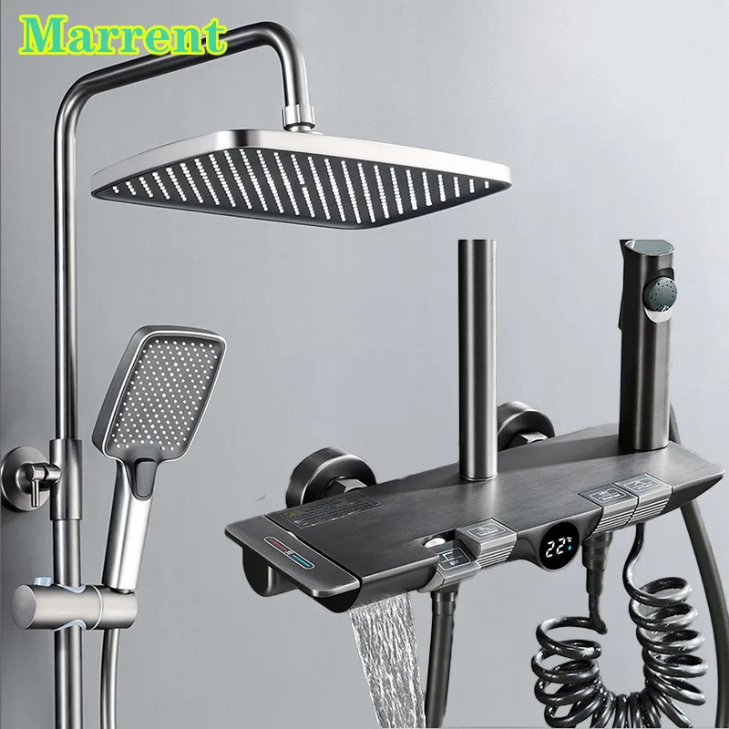 

Grey Thermostatic Piano Shower System Hot Cold Bathtub Mixer Faucets Tap Rainfall Shower Head Piano Digital Bathroom Shower Set