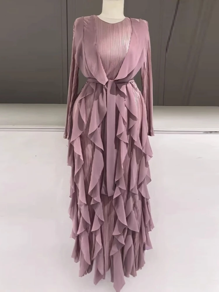 Ruffles Pleated Maxi Dress For Women Round Neck Long Sleeves High Waist Satin Dresses Lace-up Fashion Party New Clothing