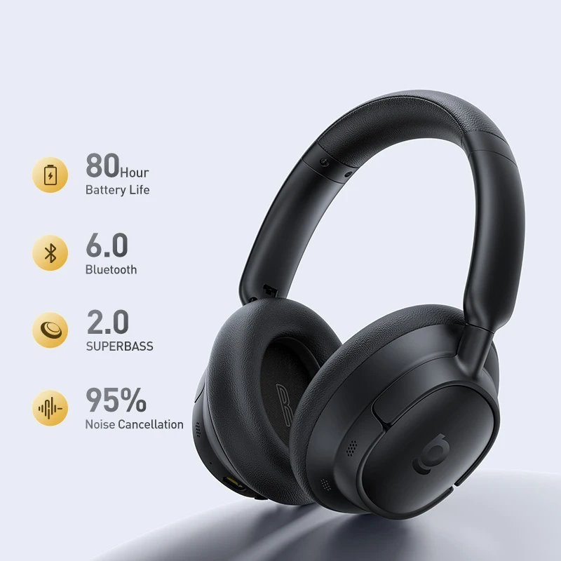 Baseus Bass BH1 NC Lite ANC Draadloze Hoofdtelefoon 95% Ruisonderdrukking Headset Bluetooth 6.0 80 uur Over-Ear Oordopjes