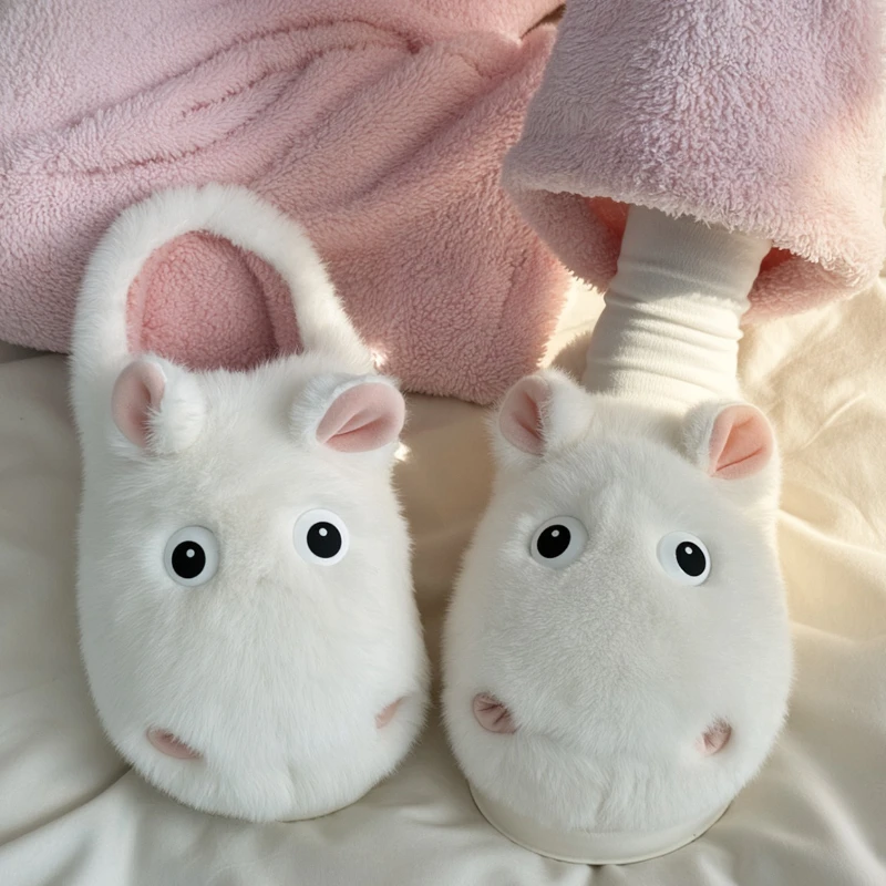 

Женские домашние пушистые тапочки с милым мультяшным бегемотом, осенне-зимняя домашняя обувь, теплые плюшевые нескользящие женские домашние напольные хлопковые шлепанцы