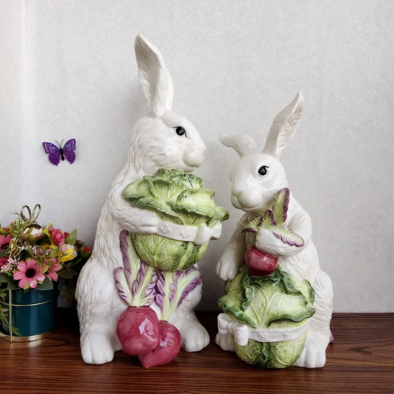 Pure hand-painted ceramic rabbit ornaments pastoral home cute white rabbit living room desktop decoration