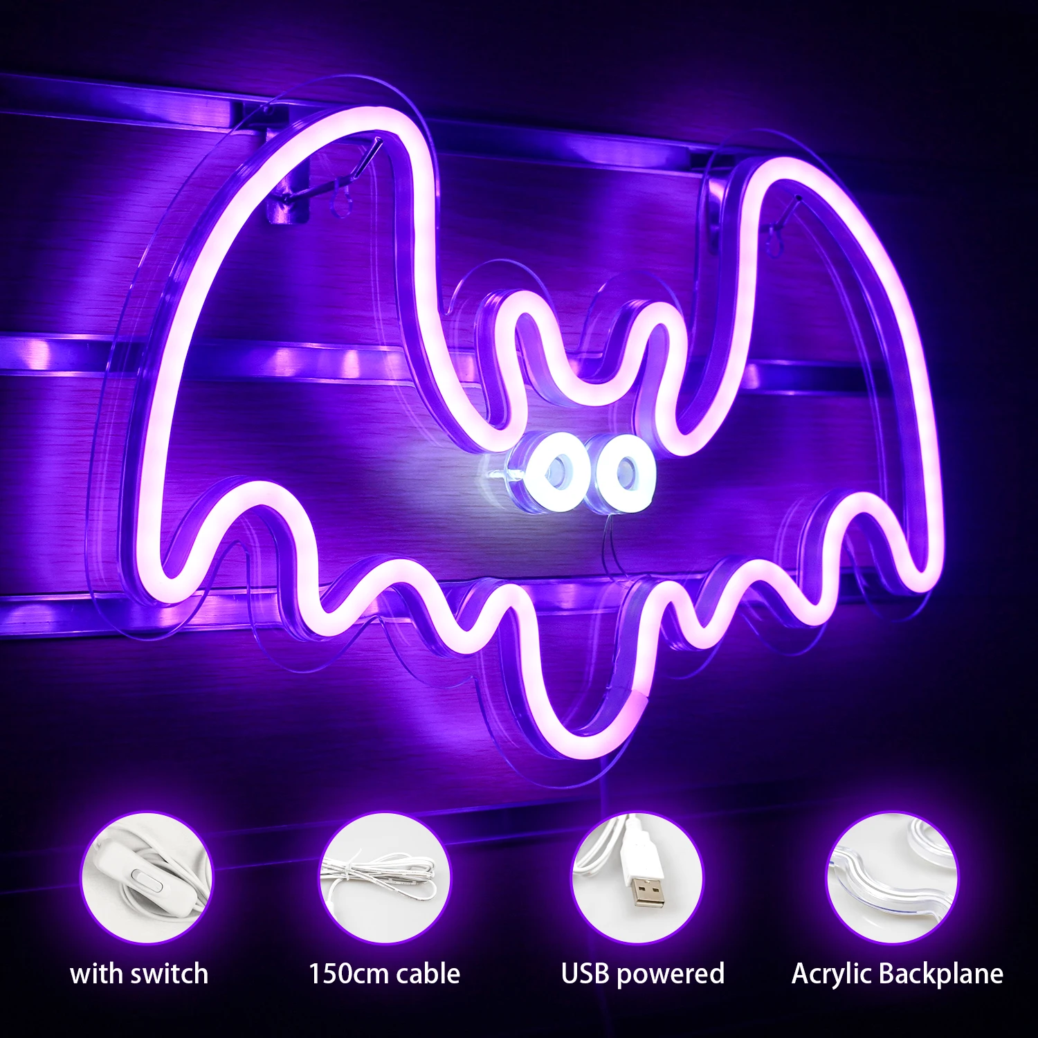 Halloween Bat Neon LED Sign, Alimentado por USB, Decoração de parede roxa, Festa, Quarto, Sala de jogos, Assustador