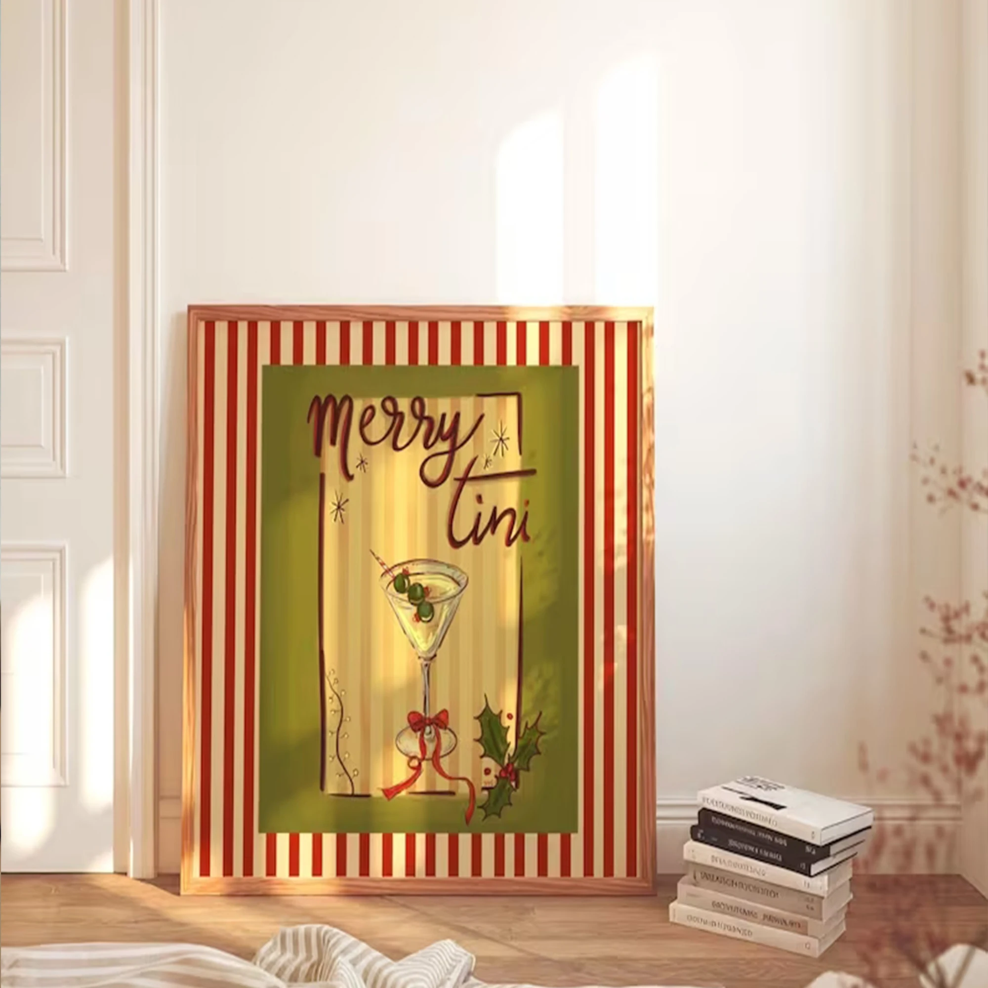 Retro Striped Christmas Wine Glass Wall Art Print Canvas Painting Poster Picture For Living Room,Bedroom Home Decor