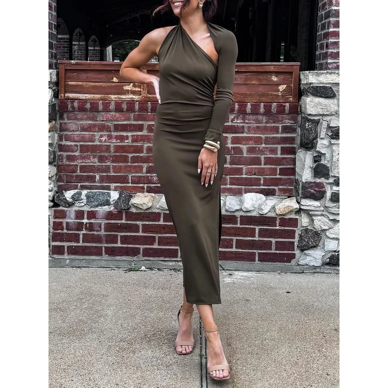 

Women's Vintage Green Asymmetric Ruffle Dress Sexy Hollow Backless Design Elegant Fashion for Beach Holiday Party