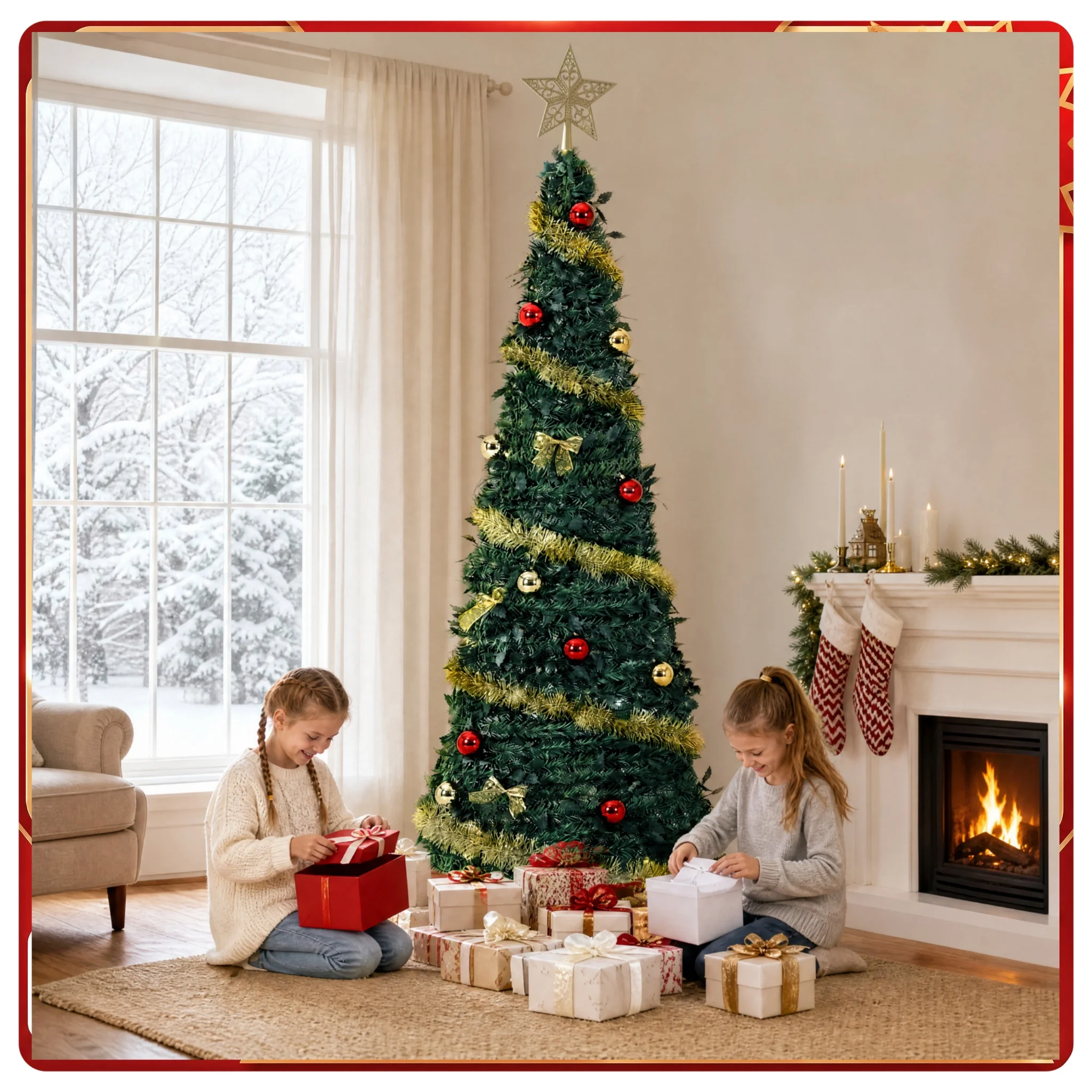 GAOMON 6/7.5 FT Pop-Up Artificial Christmas Tree with Gold Ornaments – Slender Pencil Collapsible Holiday Xmas Tree for Home & Balcony Decor