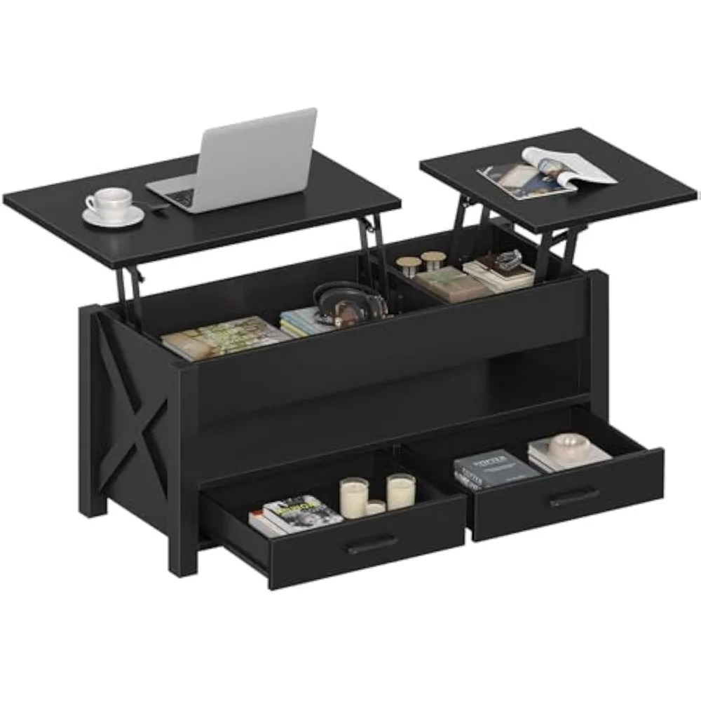 

Coffee Table, Storage Drawers and Hidden Compartment, Support Retro Center Table with Lift Tabletop for Living Room Furniture