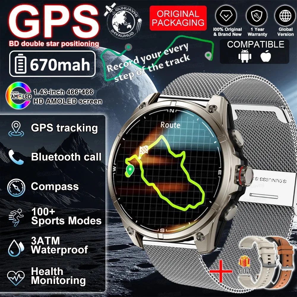2026 GPS Smartwatch Outdoor Sports Waterproof Flashlight 1.43inch AMOLED Custom dial Call Compass Smart Watches For Android IOS