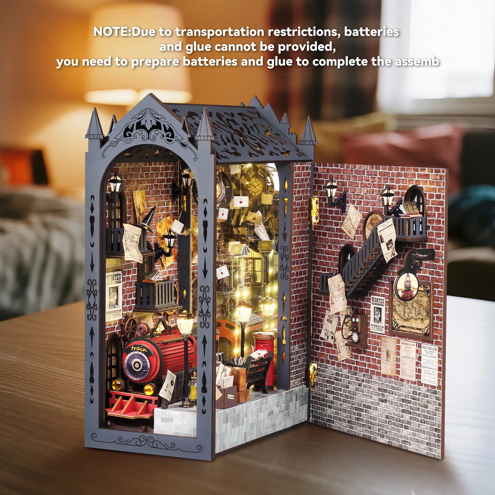 DIY Wooden Train Station Book Nook Shelf Insert Kit Miniature Model Kits Bookshelf With Light Bookend for Friends Birthday Gifts