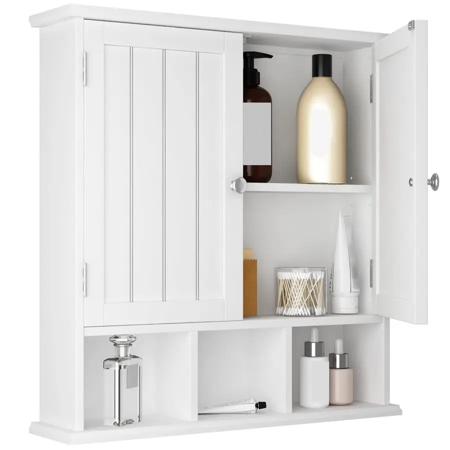 

Bathroom Cabinet Wall Mounted 2Door with 3 Open Shelves, Wooden Medicine Cabinets with Adjustable Shelf, Space Saver Storage Cab