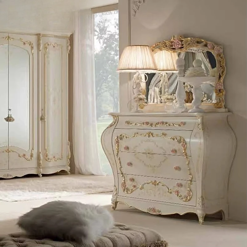 Master craftsmanship luxury solid wood four-drawer dresser European-style villa furniture engraved and painted decorativecabinet