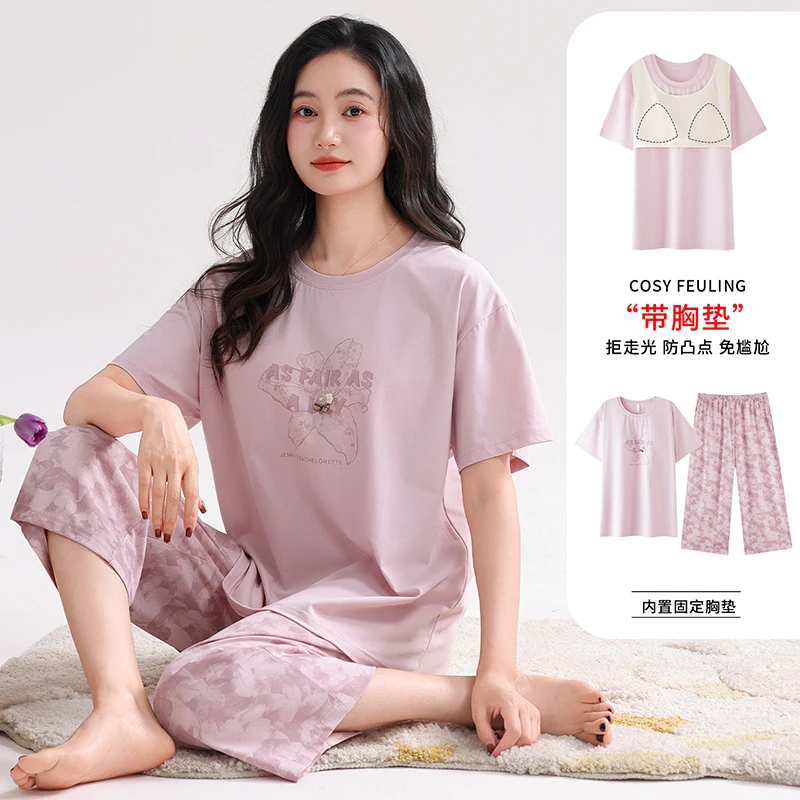 

Summer Women knited Cotton Pajamas Set Female Short Sleeve Sleepwear With Chest Pad
