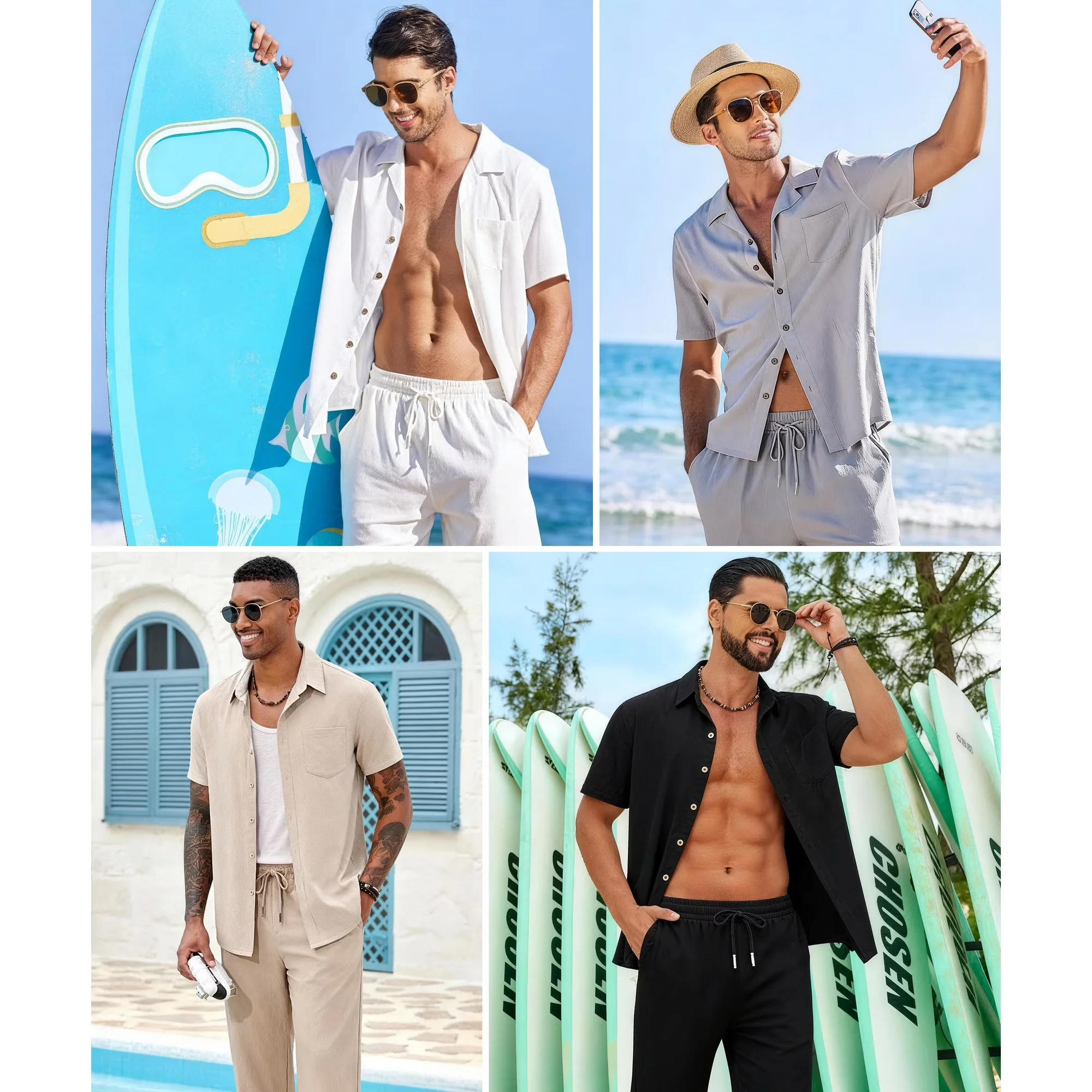 Sommer Herren Kurzarm-Hemd-Set Strand Vintage Basic Hemden und Hosen für Sommer Tägliche Streetwear Trendiger Herrenanzug – Detail 2