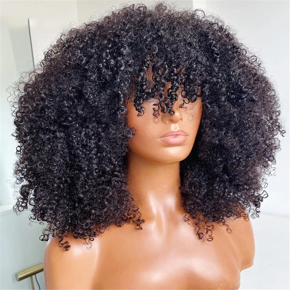 KL Mongolia Afro Kinky Curly Wig With Bangs Full Machine Made 250 Density Remy Short Curly Human Hair Wigs for Women Fringe Hair