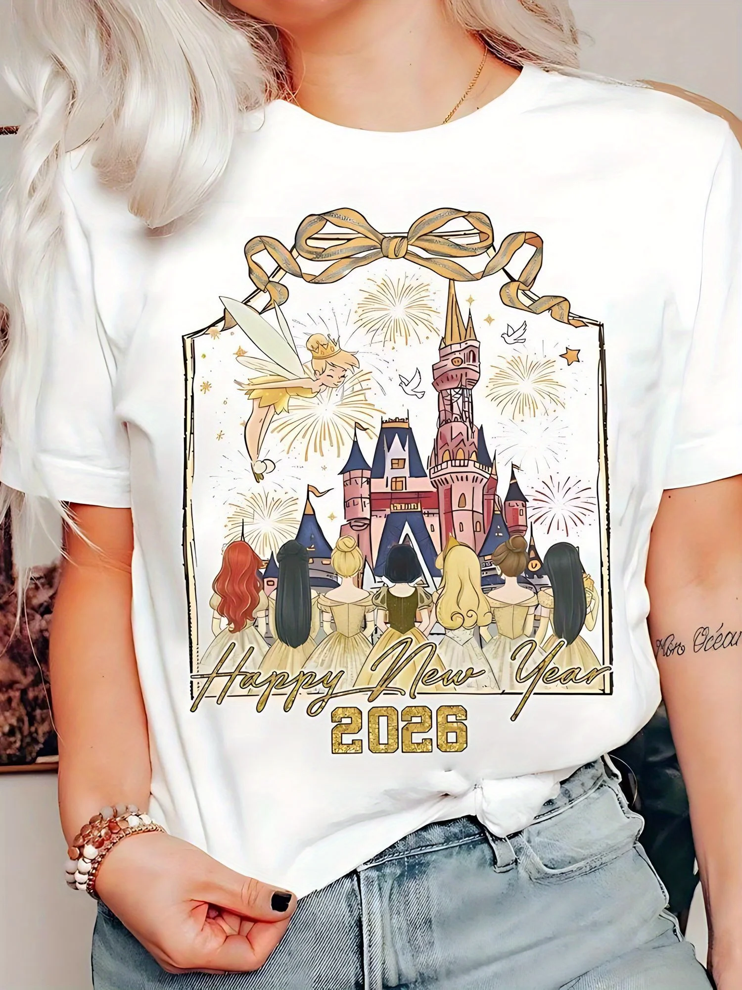 

Disney Princess 2026 Kingdom New Year Magic Castle Fireworks Men's and Women's Short sleeved Cartoon Printed T-shirt