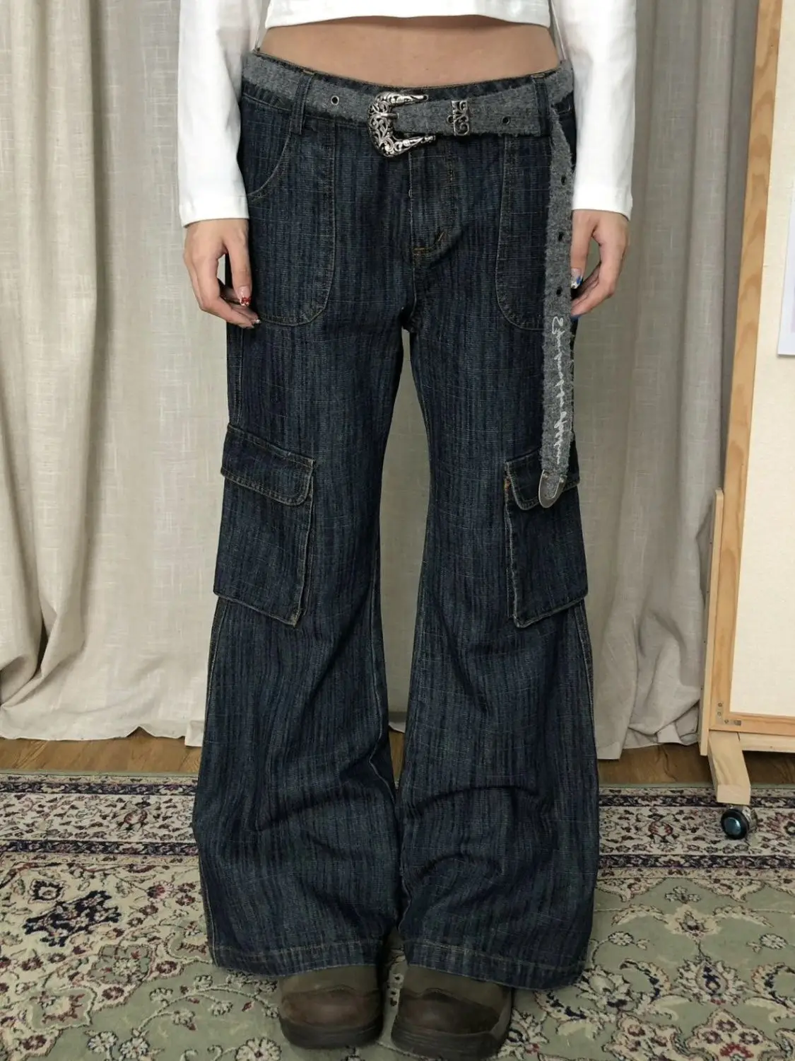 

Loose Low Waist Straightleg Jeans For Women Multipocket Washed Work Pants Fashion Vintage All Match Floor Length Pant