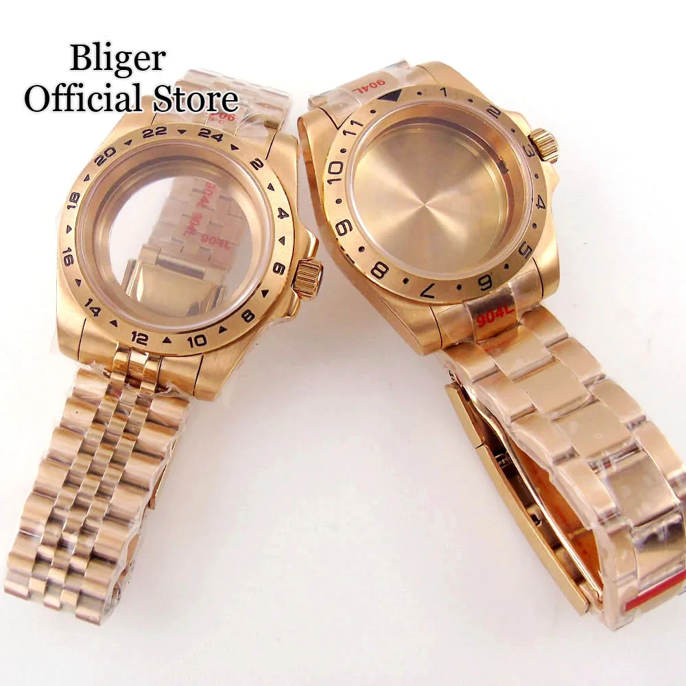 BLIGER 39mm fit NH35A NH36A Rose Gold Watch Case Sapphire Glass 24/12Hours Fixed Bezel Glass Back Steel Strap