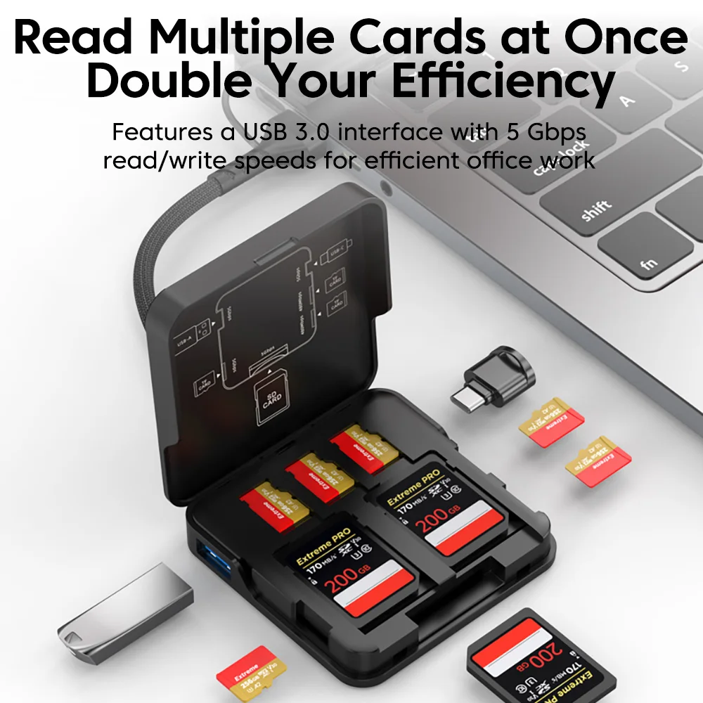 5 in 1 USB3.0 Card Reader Storage Box Adapter With USB/Type-C Cable High-speed SD TF Card Reader Case Holder Storage Protector
