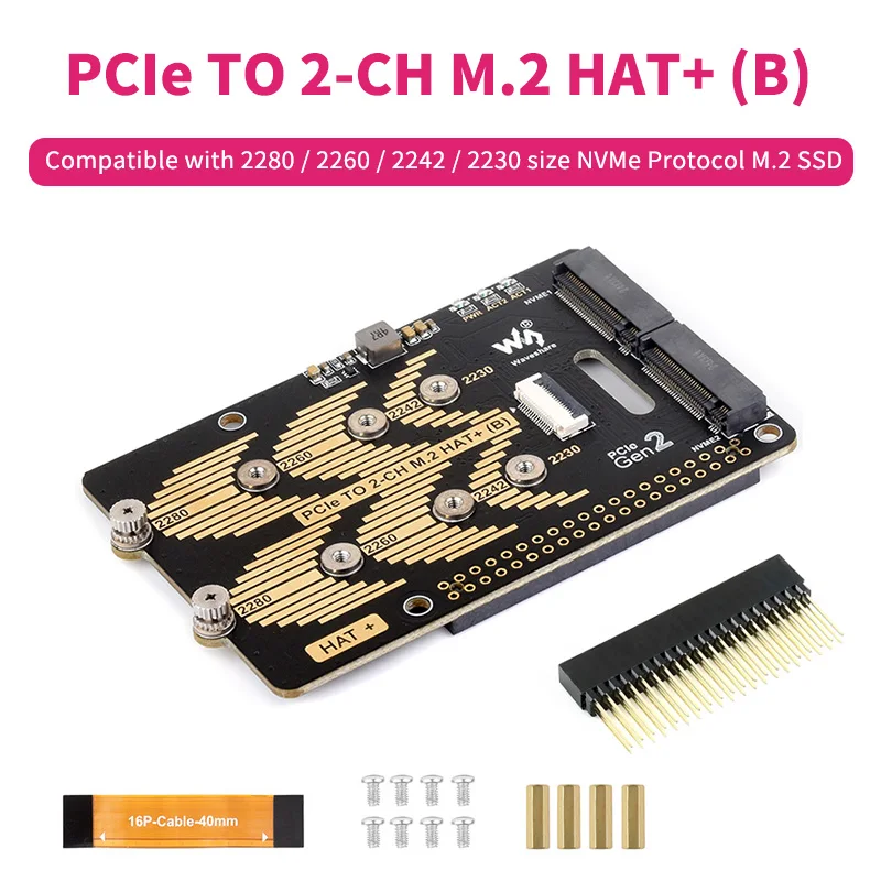 Raspberry Pi 5 PCIe to 2CH M.2 HAT (B) Compatible 2280/2260/2242/2230 NVMe M.2 SSD HAT with 16P Cable 5GbpsData Rate for RPi 5