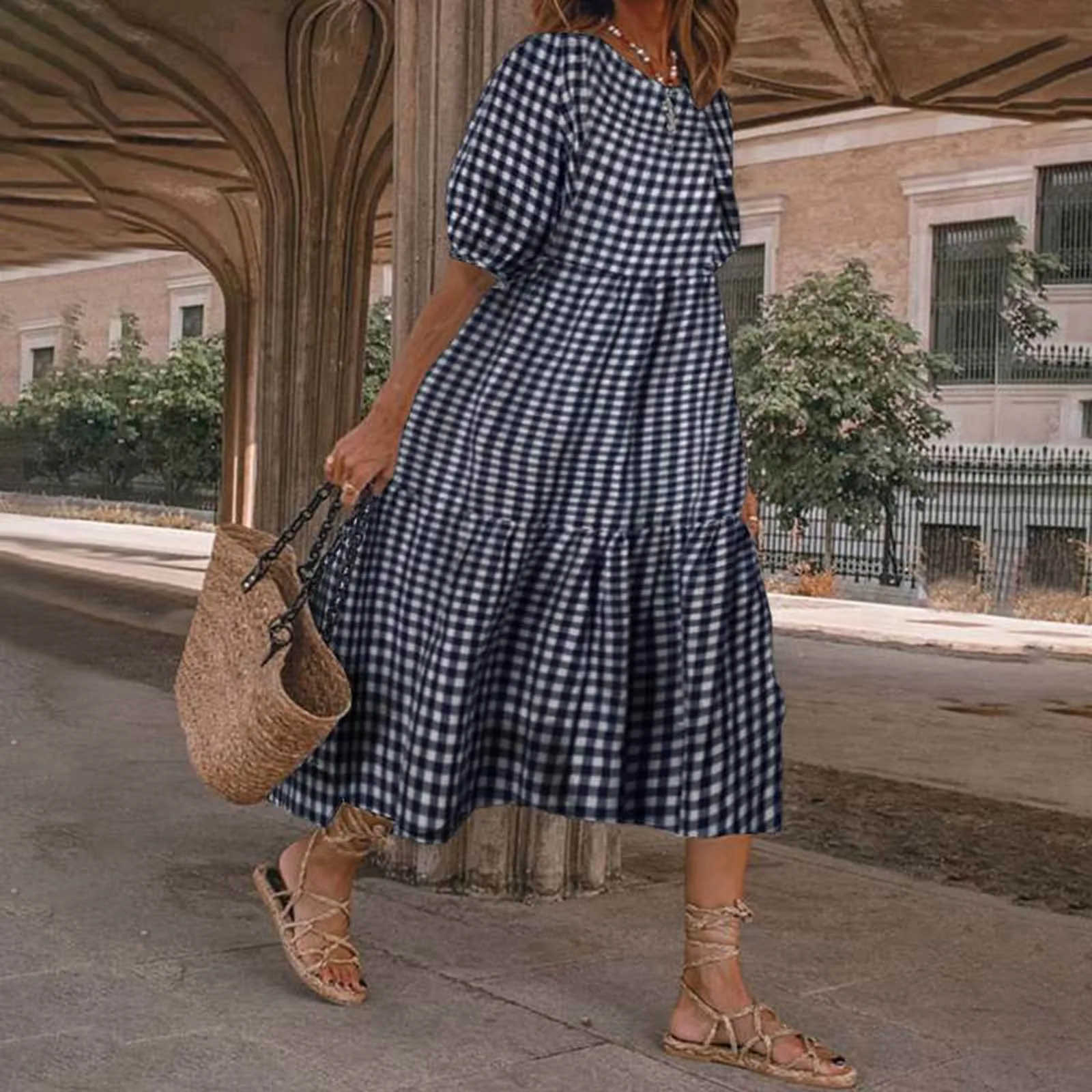 Summer Plaid Dress Women New Street Short Sleeve Loose Casual O-Neck Half Sleeve A-Line Dresses Vacation Beach Long Skirt