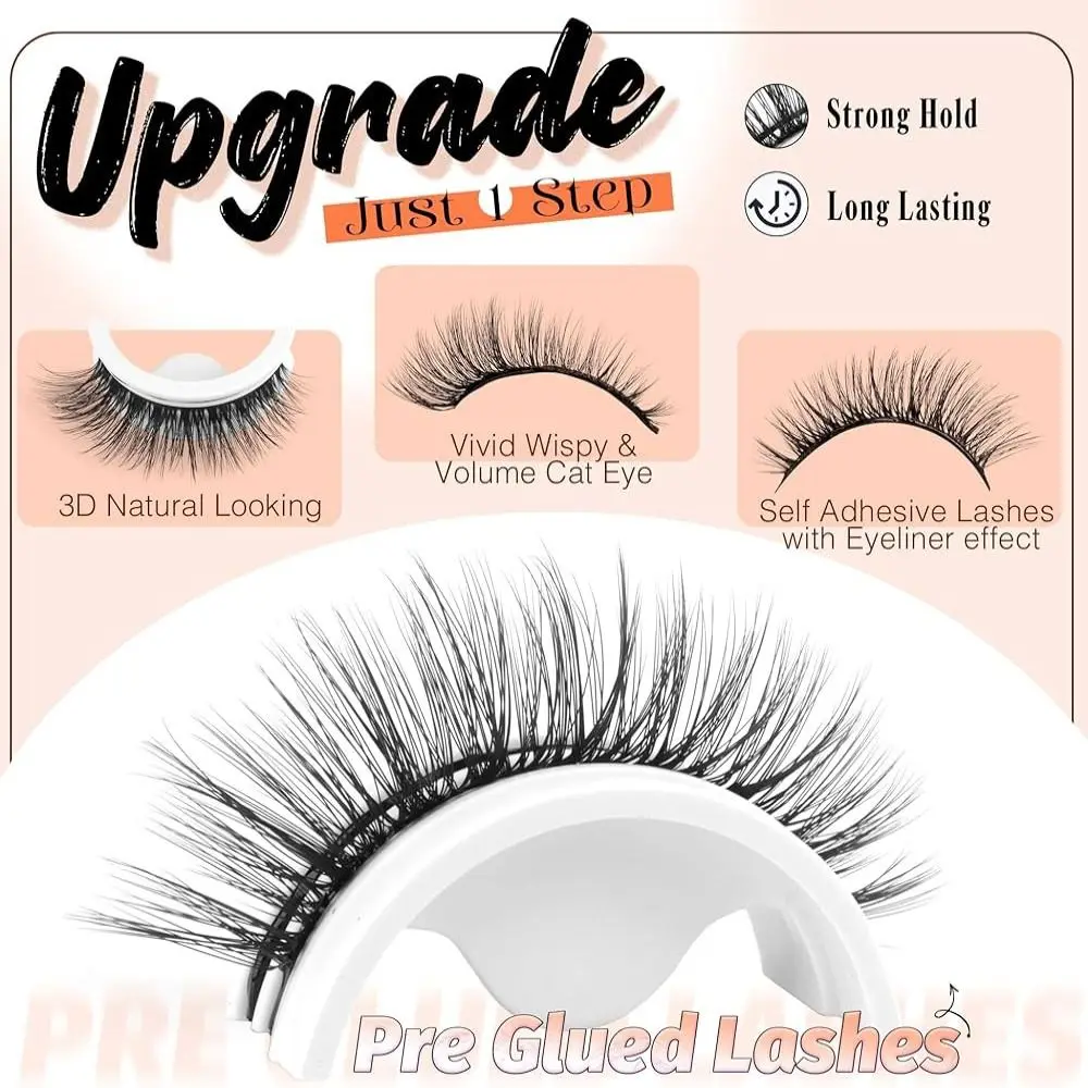 Pre Glued Self Adhesive Eyelashes Natural Look Glueless Natural Lashes C-Curl 8-11MM Wispy Cat Eye False Eyelashes Eye Extension