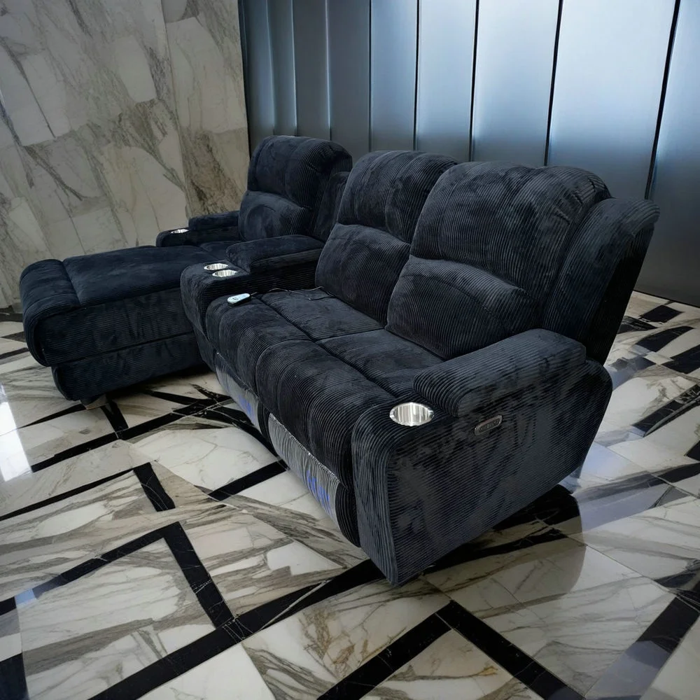 

# Modern Black Corduroy Couch Power Electric Motion Recliner L Shape Fabric Promotion Sofa Set For Living Room