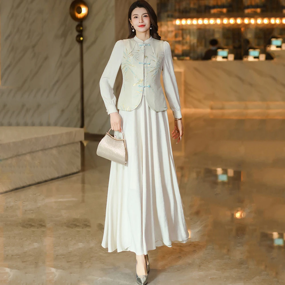 

New Women Chinese Style Dress Set Spring Autumn Elegant Exquisite Jacquard Vest and Stand Collar Long Sleeve Mid-Calf Dress