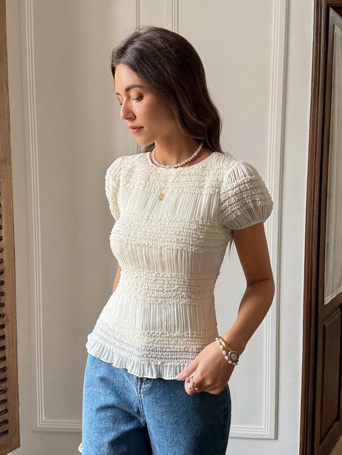 

Женская блузка с круглым вырезом, текстурированная, с пышными рукавами и рюшами